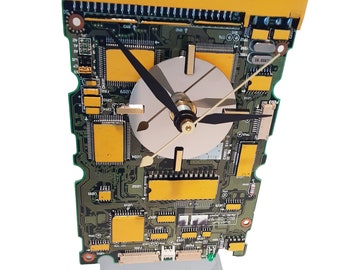 Yellow Circuit Board Clock Hand-Painted with Laptop Disk Platter, Amazing Geek Art. Got Gift, Office Gift, Gift for a Geek?