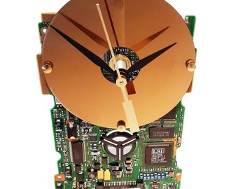 Our "Mercedes" Circuit Board Clock has a Hard Drive Disk as Dial! Retro Clock, Preppie Gift Clock. Novelty Clock.  Got Office Gift Clock?