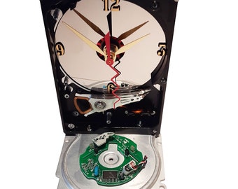 Hard Drive Clock, Office Gadget. Company Gift,  Geek Gift, Nerd Gift, Novelty Gift. Apple Puck Mouse Circuit Board Accents the Base.