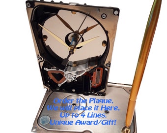 Pen Holder Hard Drive Clock. Add a Personalized Plaque. Office Geek Clock, Office Gift Clock, Engineer Gift Clock, Business Award Clock.