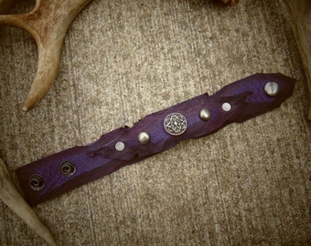 Purple Riveted Leather Cuff --  burning man wasteland weekend tribal fusion larp barbarian post apocalyptic brown postapo dystopian