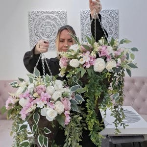 Lovely pinks lilacs and cream artificial hanging basket, no maintenance outdoor plants/baskets home garden business