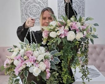 Large premium pinks lilacs and cream artificial hanging basket, no maintenance outdoor plants/baskets home garden business