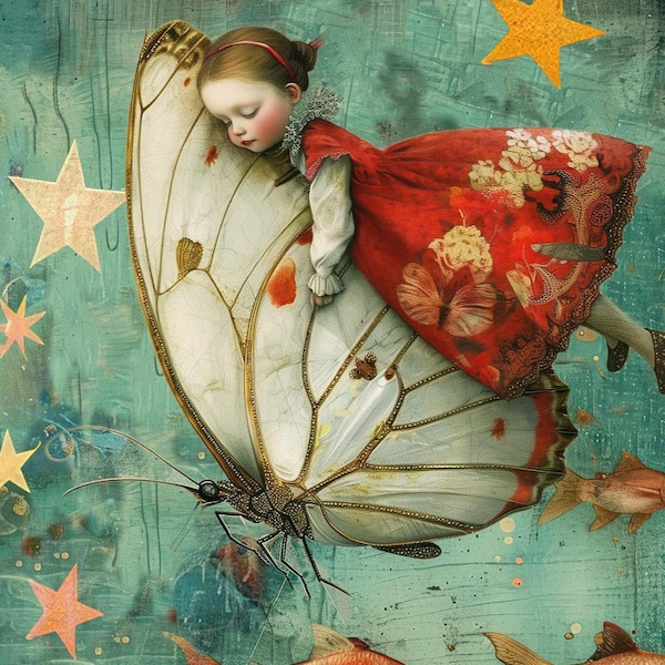 Whimsical Birthday Greeting Card Envelope No. 423: Girl with Butterfly, Flying Fish Art