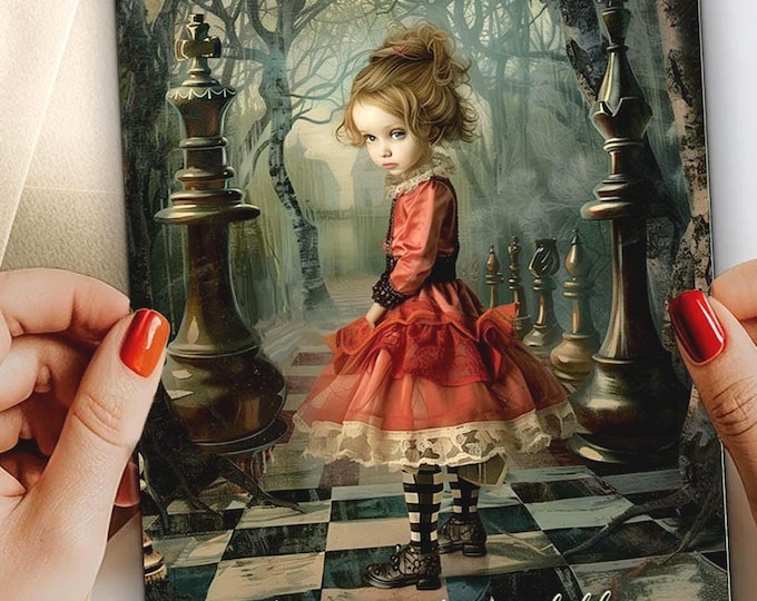 Featured listing image: Whimsical Birthday Greeting Card No.445: Girl in Edwardian Dress, Robert Frost Poem Envelope