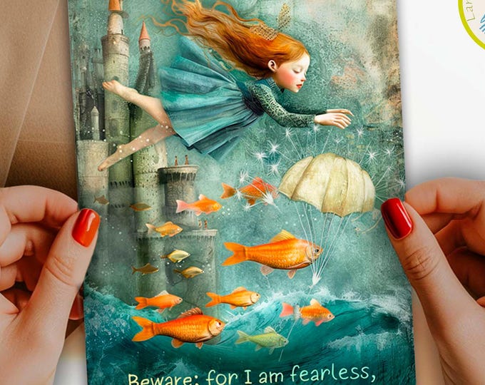 Featured listing image: Whimsical  Birthday Greeting Card Envelope No.490: Fantasy, Mary Shelley quote, fearless  - US Shipping