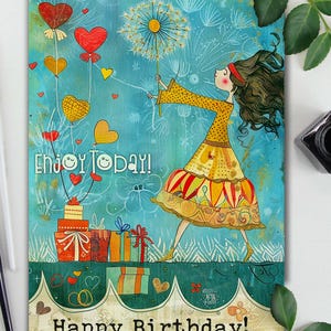 Whimsical Birthday Card 5x7 Envelope No.415: Girl with Balloons - Art Greeting Card