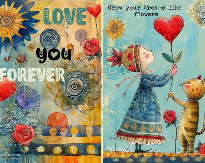 Featured listing image: Whimsical Valentine's Day Greeting Card Envelope 5x7 No342: Girl, Cat, Heart Flower