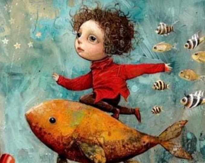 Featured listing image: Whimsical Boy Birthday Greeting Card Envelope No403: Fish & Magic Castle