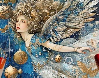 May include: A Christmas card featuring an illustration of an angel with blue wings and a flowing gown. The card has the text "Wishing you a very Merry Christmas" in a decorative font. Gold ornaments and butterflies adorn the card.