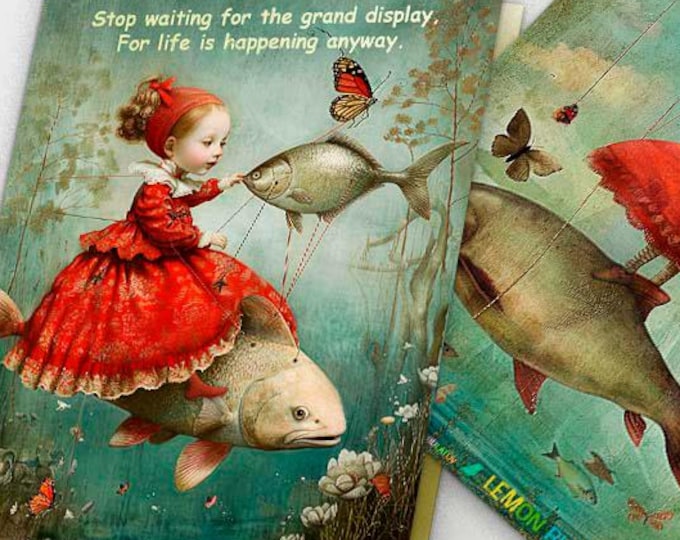 Featured listing image: Whimsical Birthday Card No.491: Girl in Red Dress, Flying Fish Art