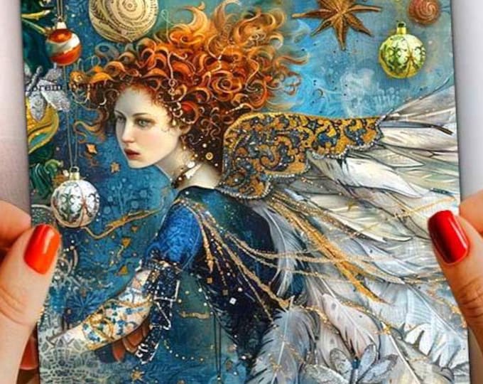 Featured listing image: Whimsical Christmas Card No.450: Flying Angel, Snowflakes, Dove, Ornaments (5x7 with Envelope)