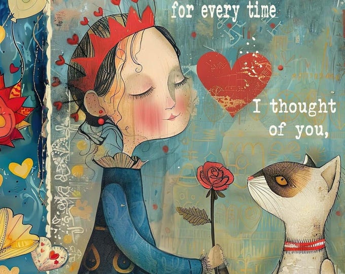 Featured listing image: Whimsical Valentine Greeting Card  No.321: Girl & Cat Sharing Rose (5x7, with Envelope)