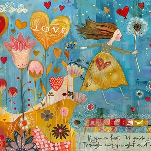 Whimsical Valentine Card No.320: Girl with Dandelions, Love & Guidance