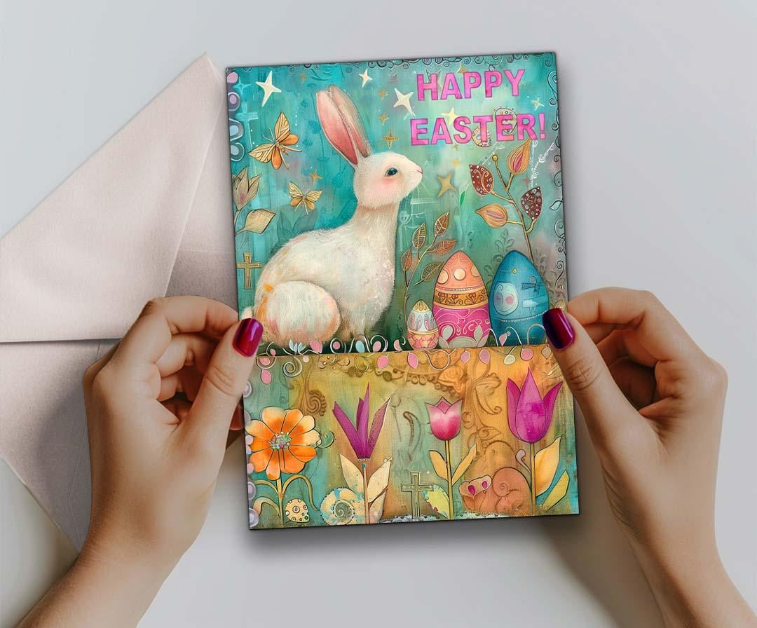 Happy Easter Wooden Greeting Card With Envelope & Stand - Bunny Egg Laser-Cut Design Holiday Card