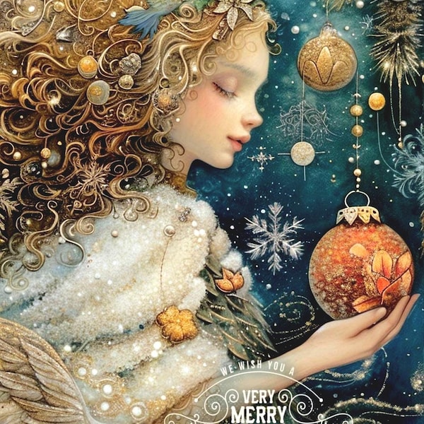 Può includere: Illustrazione digitale di una donna con lunghi capelli biondi adornati con ornamenti dorati e un cappotto bianco simile a pelliccia. Tiene in mano una palla di Natale rossa e oro. L'immagine ha uno sfondo blu con il testo "We wish you a very Merry Christmas".