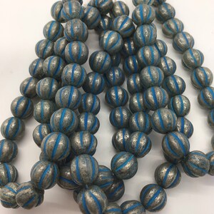 CZE 8mm Melon bead Silver Grey with Turquoise Wash Czech Beads
