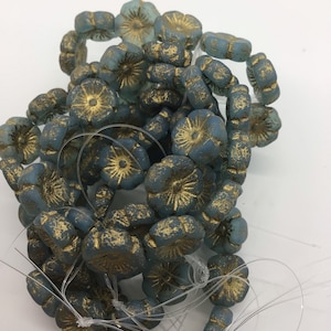 12mm Czech Hibiscus Flower Bead Baby Blue with Etched and Gold Wash Czech Beads