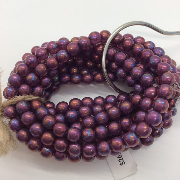CZE 6mm Druk Purple with AB Finish Czech Beads