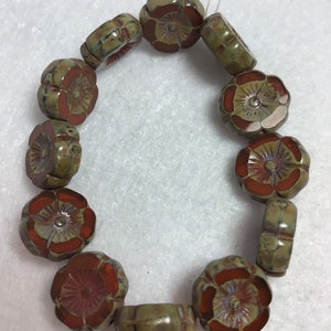 12mm Czech Flower Beads Burnt Orange with Picasso wash Czech Beads