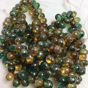 7x5mm Drop Sea Green and Transparent with Picasso and Silver Finish Czech Beads