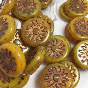 CZE 22mm Round Sun Coin Yellow with Bronze Wash Czech Beads