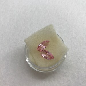 May include: Two pink marquise-shaped gemstones in a small clear container with a white foam insert.