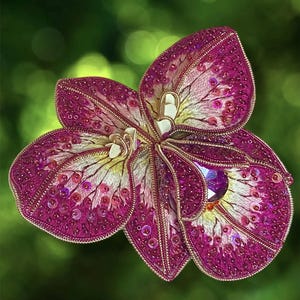Op de afbeelding: Een roze en witte vlinder broche met een paarse edelsteen in het midden. De vlinder is gemaakt van stof en pailletten.