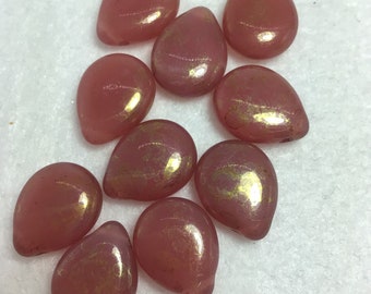 CB Czech Pear Shaped Drops 16x12mm Pink/Topaz Luster -  Milky Patina Czech Beads