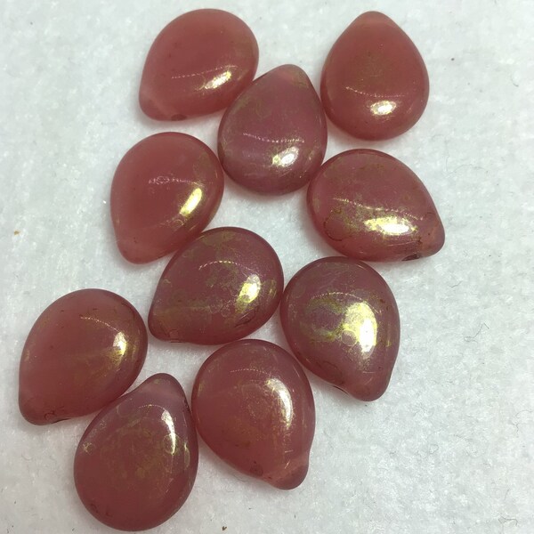 CB Czech Pear Shaped Drops 16x12mm Pink/Topaz Luster -  Milky Patina Czech Beads