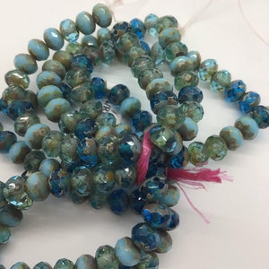 CZE 5x7mm Rondelle Medium Sky Blue, Pacific Blue, and Turquoise with Picasso Finish Czech Beads
