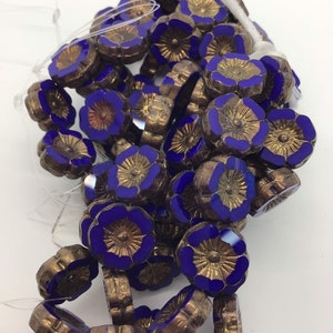 12mm Czech Hibiscus Flower Bead Indigo with Bronze Finish Czech Beads