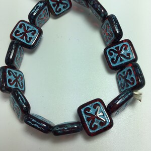 CZE 12x11mm decorative Rectangle Bead Transparent Red with Turquoise Wash Czech Beads