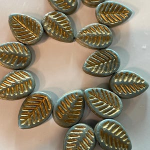 CZE 12x16mm Dogwood Leaf  Greenish Turquoise with Gold Finish Czech Beads