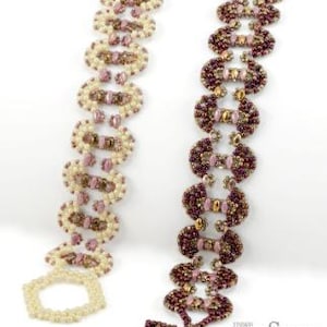 May include: Two beaded bracelets, one with a cream and pink color scheme and the other with a burgundy and gold color scheme. Both bracelets feature a repeating pattern of curved beads.