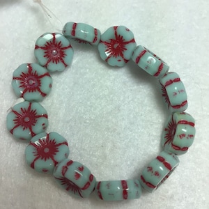 12mm Czech Flower Beads Light Sky Blue With Red Wash Czech Beads