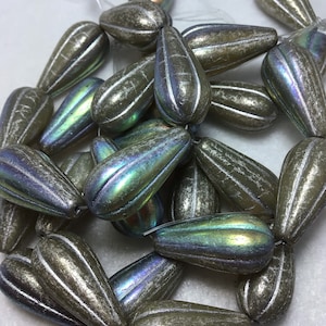 CZE 11x22mm Melon Drop Gray with Silver, AB, and Mercury Finish Czech Beads