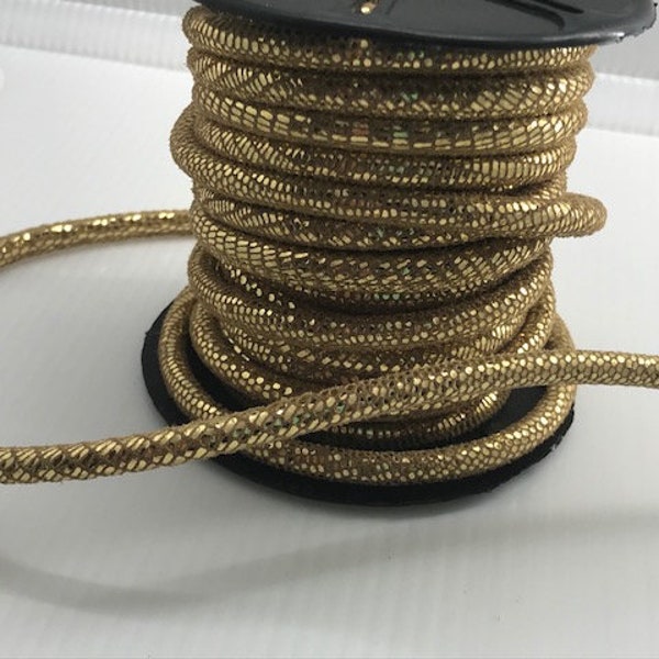 5mm Stitched Suede Cord Tan with Gold Metallic Print