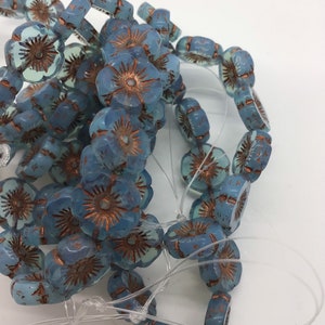 12mm Czech Hibiscus Flower Bead Light Slate Blue with Copper Wash Czech Beads