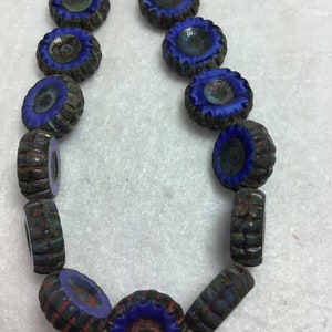 CZE 12mm Daisy Flower Cobalt with red and Picasso Wash Czech Beads
