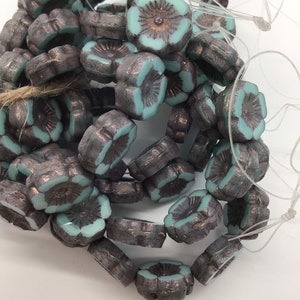 12mm Czech Hibiscus Flower Bead Blue Green with Purple Gray Metallic Finish Czech Beads