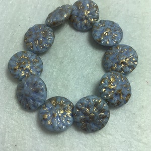 14m Czech Glass Dahlia Bead Alice Blue with Gold Wash Czech Beads