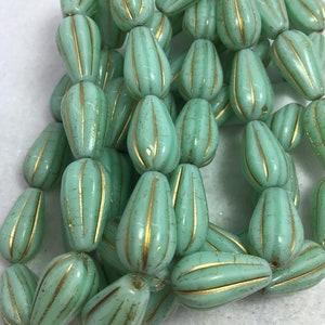 CZE 8x15mm Melon Drop Mint with Gold Wash Czech Beads