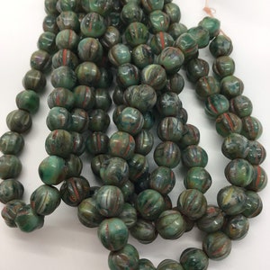 CZE 6mm Melon Fern Green with Red Wash Czech Beads