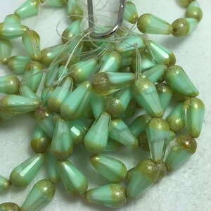 15x7mm Drop Mint and Transparent Glass with Picasso Finish Czech Beads