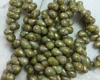 5x3mm Teardrop Bead sage Pale Olive with Picasso Finish Czech Beads