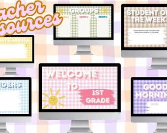 May include: A set of six digital desktop backgrounds for teachers. The backgrounds feature a gingham pattern in various colors, including pink, blue, yellow, and purple. Each background has a different message, such as "Welcome to 1st Grade", "Good Morning", and "Student of the Week".