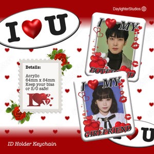 May include: Valentine's Day-themed ID holder keychains. The design includes a red heart, the text "I U", and two keychains with photos and the words "Boyfriend" and "Girlfriend". The keychains are 64mm x 54mm.