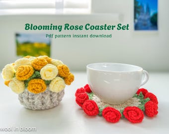 Blooming Rose Coaster Pattern | Floral Coaster Set | Handmade Flower Coaster for Tea & Coffee｜mother's day|housewarming|Home Decor