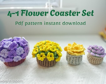 4-in-1 Crochet Flower Coaster Pattern Set – Summer Home Decor – Bluebell, Sunflowers, Tulip – PDF Instant Download|No sew